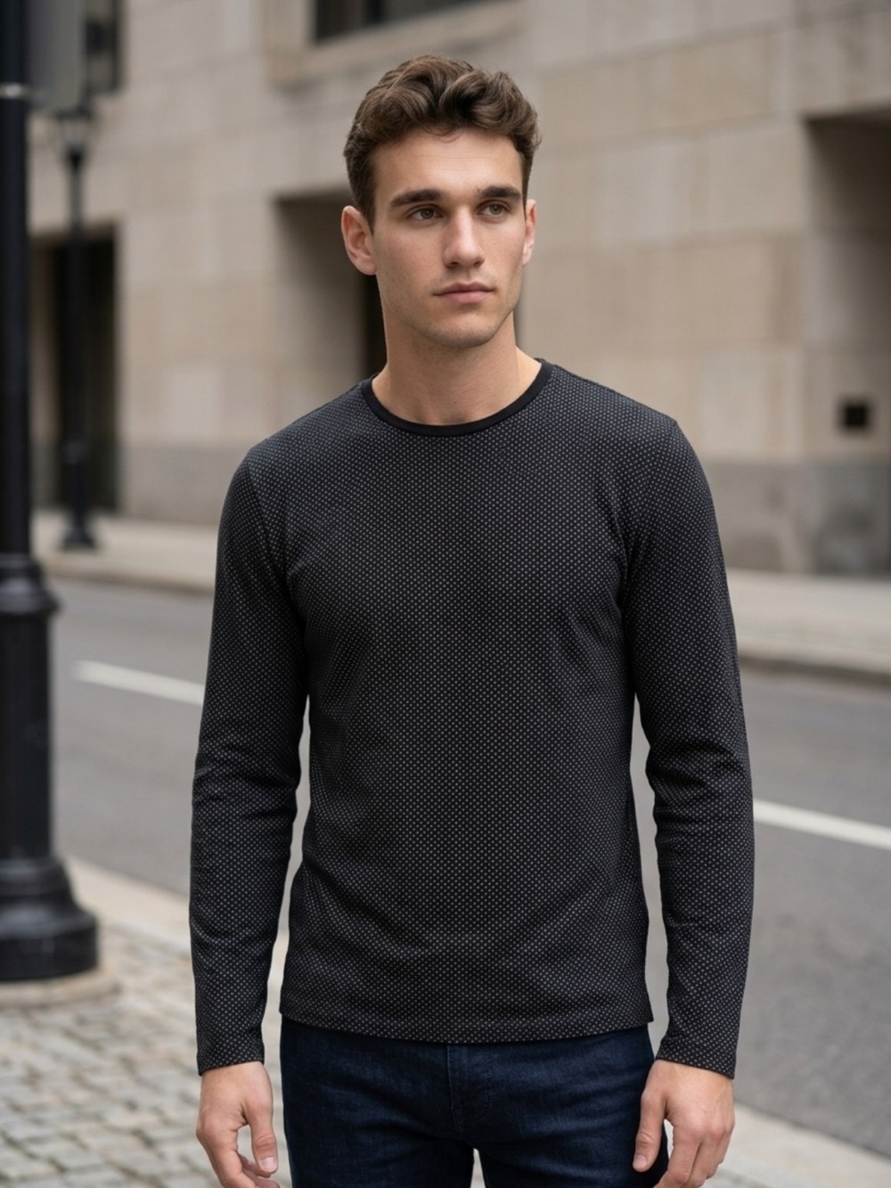 Express Men's Long-Sleeve Crewneck in Charcoal with Micro Dot Texture